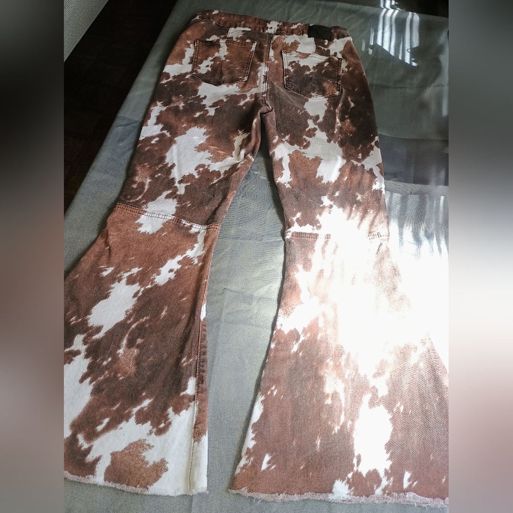 L&B Brown and White Cow Print Flare Jeans - Picture 2 of 8